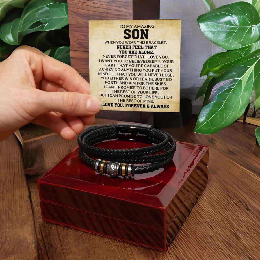 To My Son Bracelet – Love You Forever Engraved Braided Leather Bracelet Gift for Men