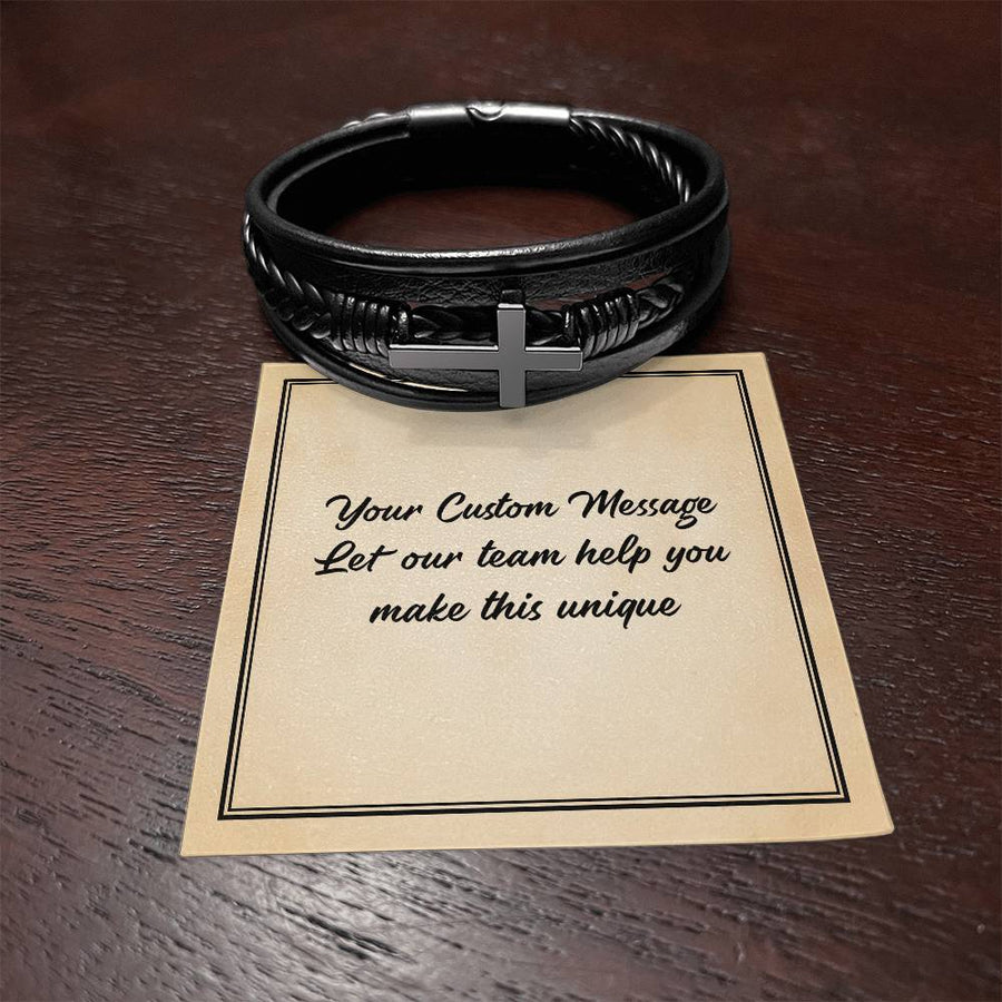Personalized Gifts for Man, Cross Leather Bracelet W/ Custom Message Card
