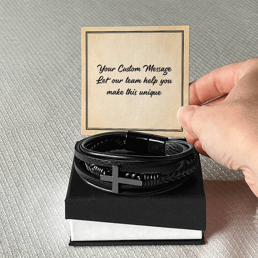 Personalized Gifts for Man, Cross Leather Bracelet W/ Custom Message Card