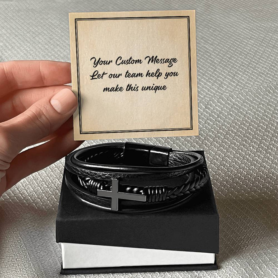 Personalized Gifts for Man, Cross Leather Bracelet W/ Custom Message Card