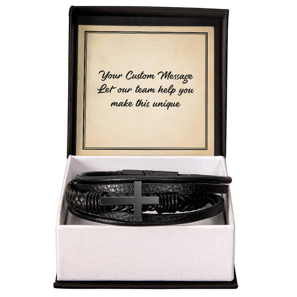 Personalized Gifts for Man, Cross Leather Bracelet W/ Custom Message Card