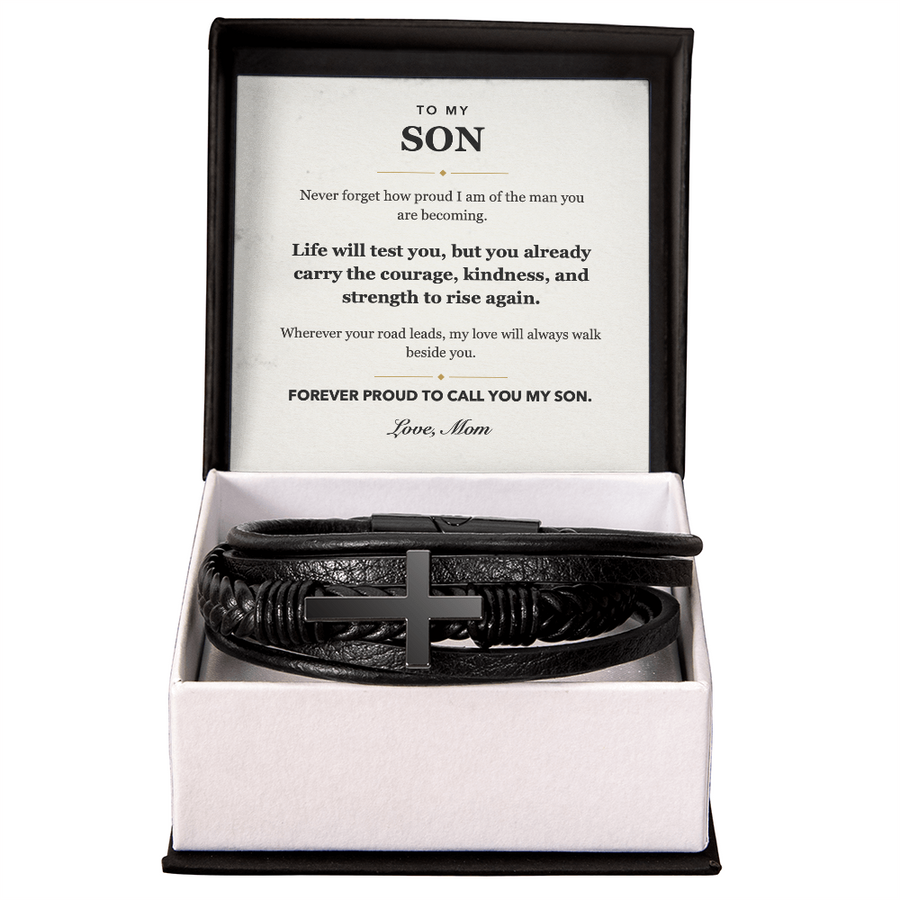 To My Son Forever Proud Men's Cross Bracelet Gift from Mom