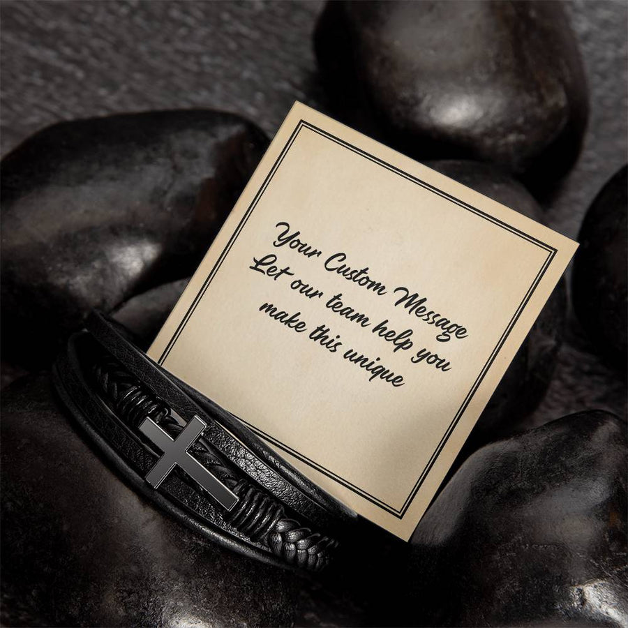 Personalized Gifts for Man, Cross Leather Bracelet W/ Custom Message Card