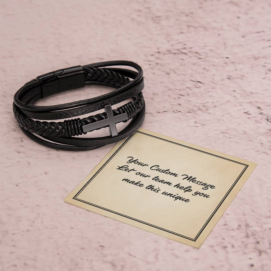 Personalized Gifts for Man, Cross Leather Bracelet W/ Custom Message Card
