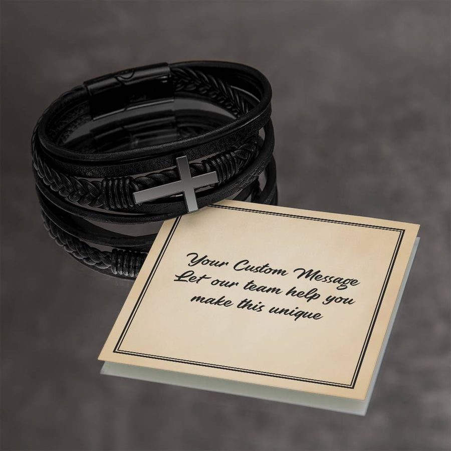 Personalized Gifts for Man, Cross Leather Bracelet W/ Custom Message Card