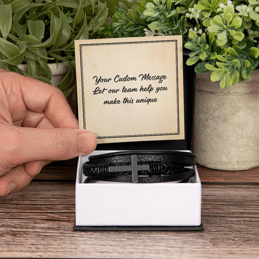 Personalized Gifts for Man, Cross Leather Bracelet W/ Custom Message Card