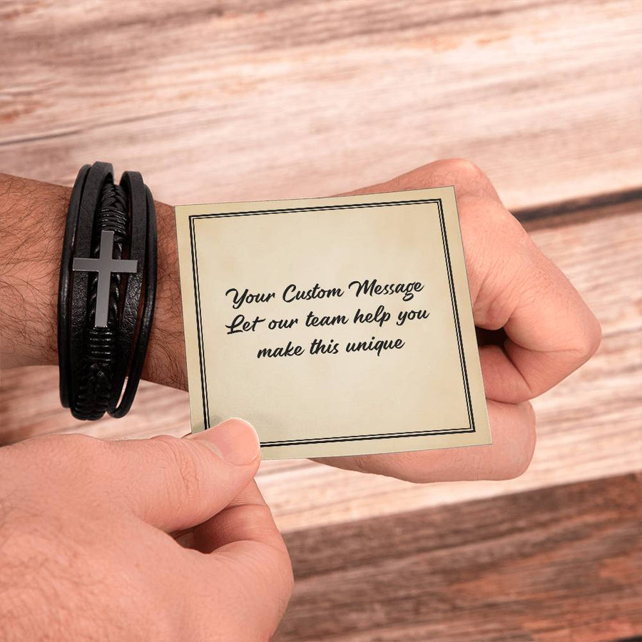 Personalized Gifts for Man, Cross Leather Bracelet W/ Custom Message Card
