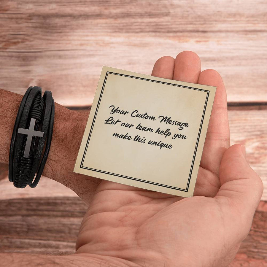 Personalized Gifts for Man, Cross Leather Bracelet W/ Custom Message Card