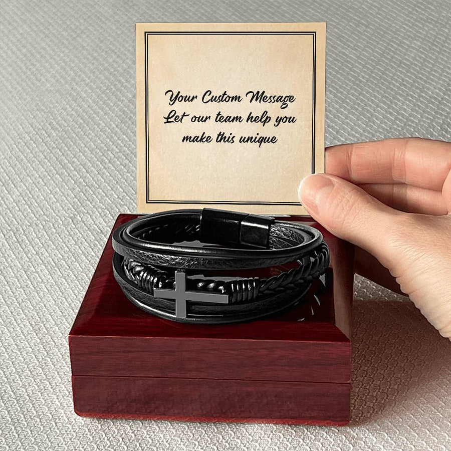 Personalized Gifts for Man, Cross Leather Bracelet W/ Custom Message Card