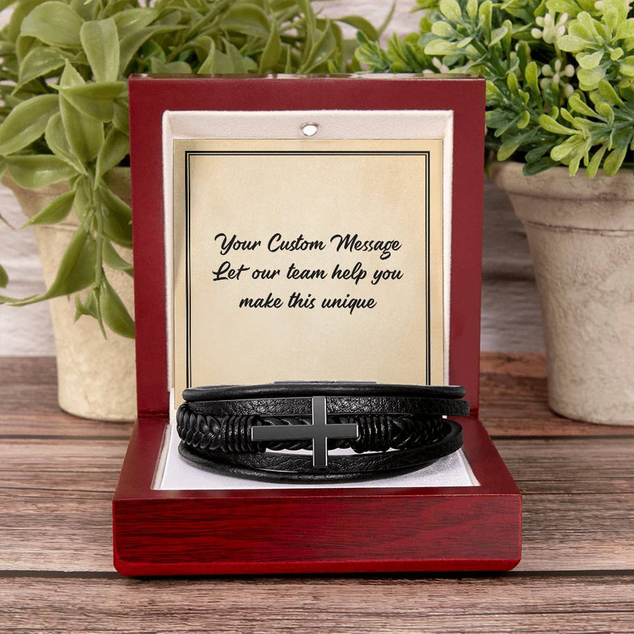 Personalized Gifts for Man, Cross Leather Bracelet W/ Custom Message Card