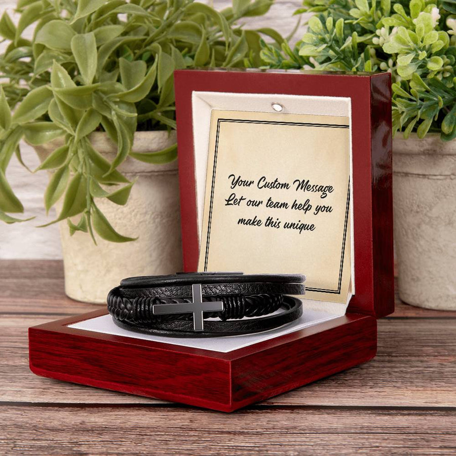 Personalized Gifts for Man, Cross Leather Bracelet W/ Custom Message Card