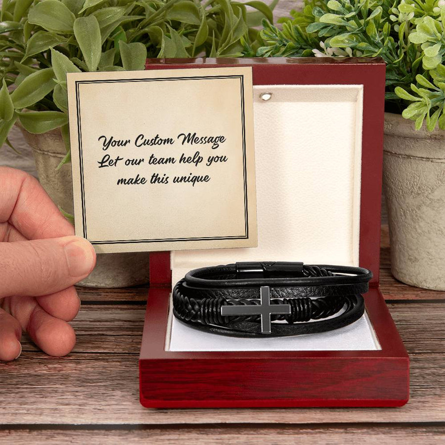 Personalized Gifts for Man, Cross Leather Bracelet W/ Custom Message Card