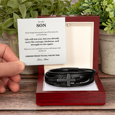 Load image into Gallery viewer, To My Son Forever Proud Men&amp;#39;s Cross Bracelet Gift from Mom
