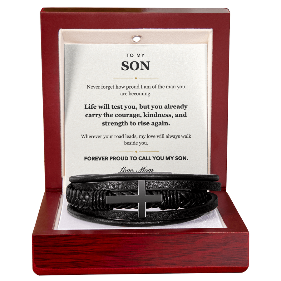 To My Son Forever Proud Men's Cross Bracelet Gift from Mom