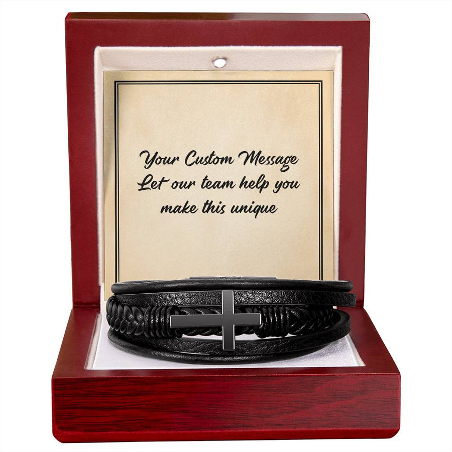 Personalized Gifts for Man, Cross Leather Bracelet W/ Custom Message Card