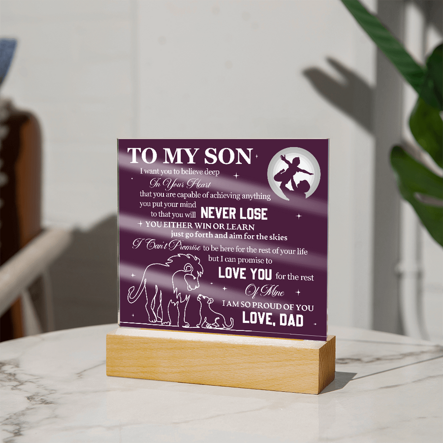To My Son Printed Acrylic Plaque with LED Base – Birthday, Graduation, Holiday Gift