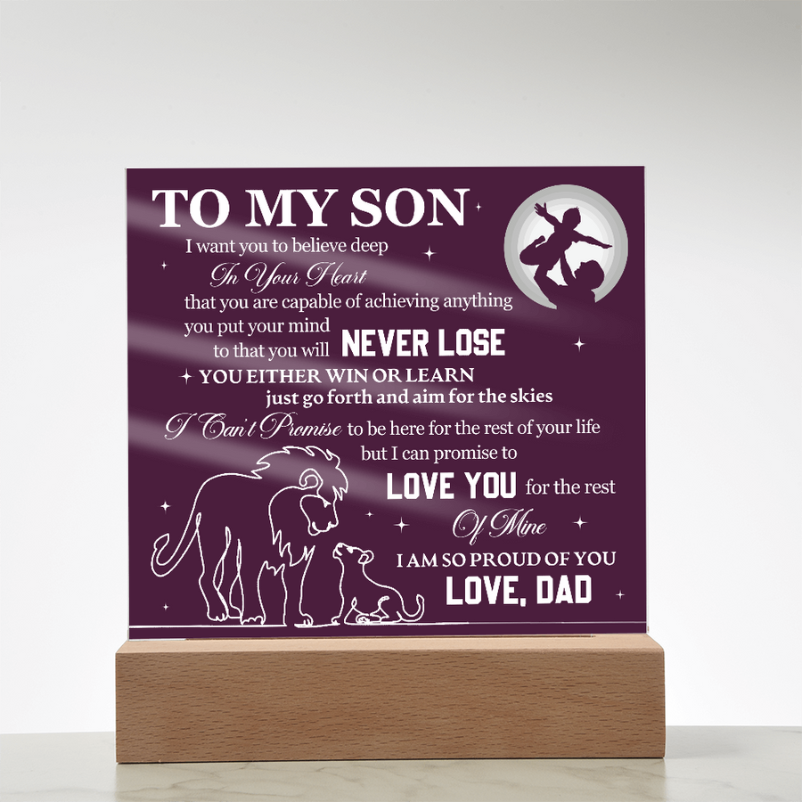 To My Son Printed Acrylic Plaque with LED Base – Birthday, Graduation, Holiday Gift