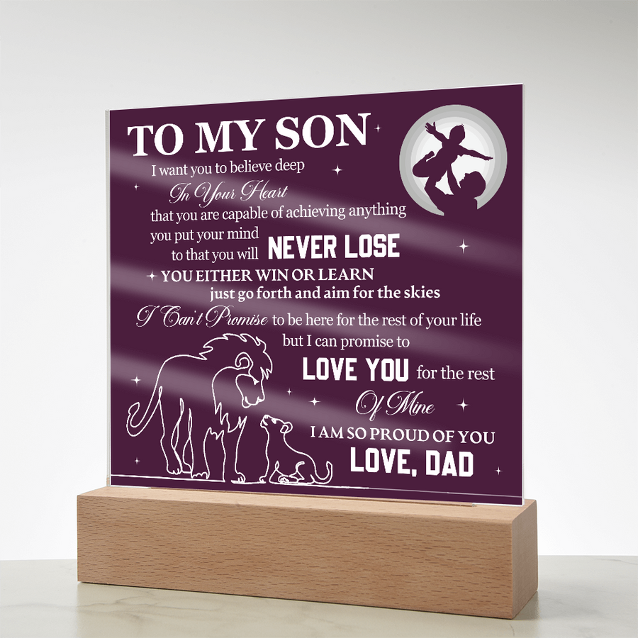 To My Son Printed Acrylic Plaque with LED Base – Birthday, Graduation, Holiday Gift