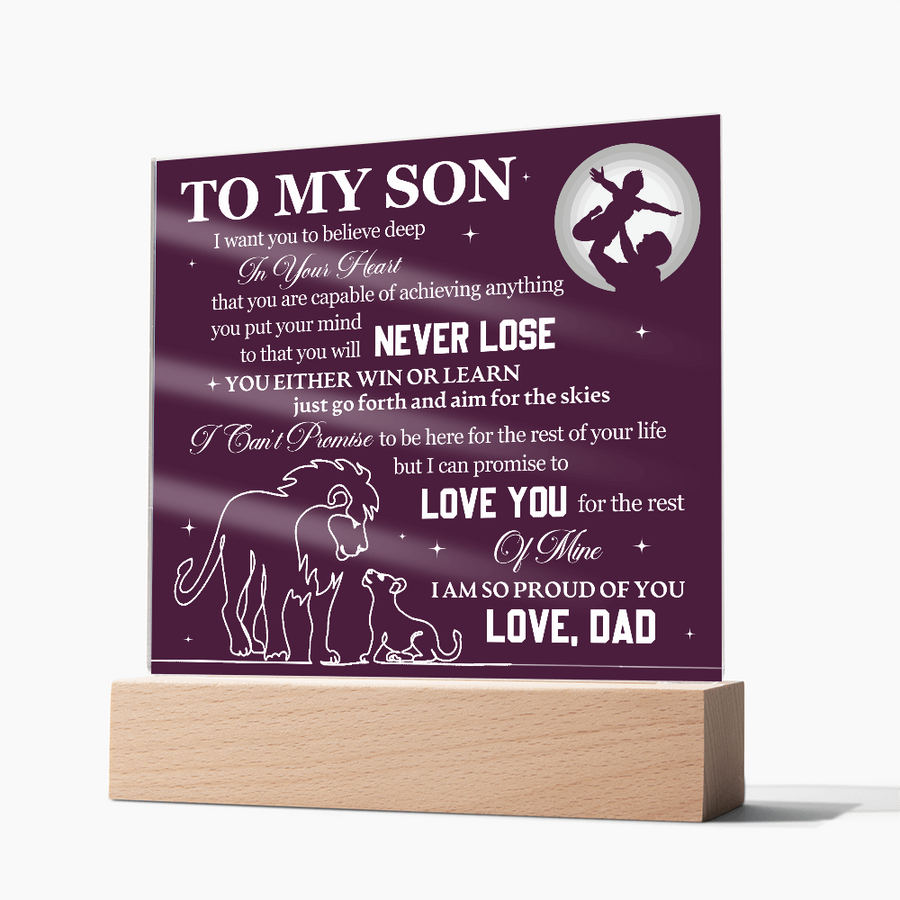 To My Son Printed Acrylic Plaque with LED Base – Birthday, Graduation, Holiday Gift