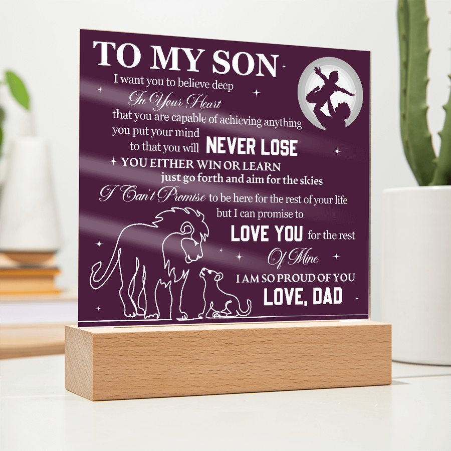 To My Son Printed Acrylic Plaque with LED Base – Birthday, Graduation, Holiday Gift