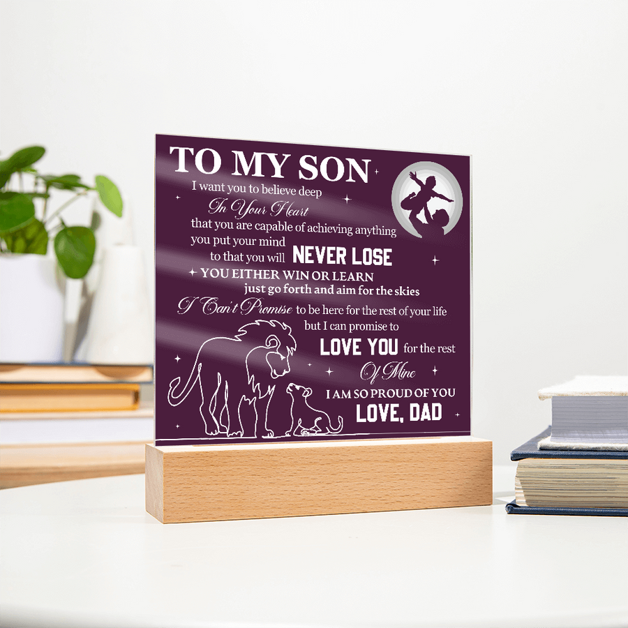 To My Son Printed Acrylic Plaque with LED Base – Birthday, Graduation, Holiday Gift