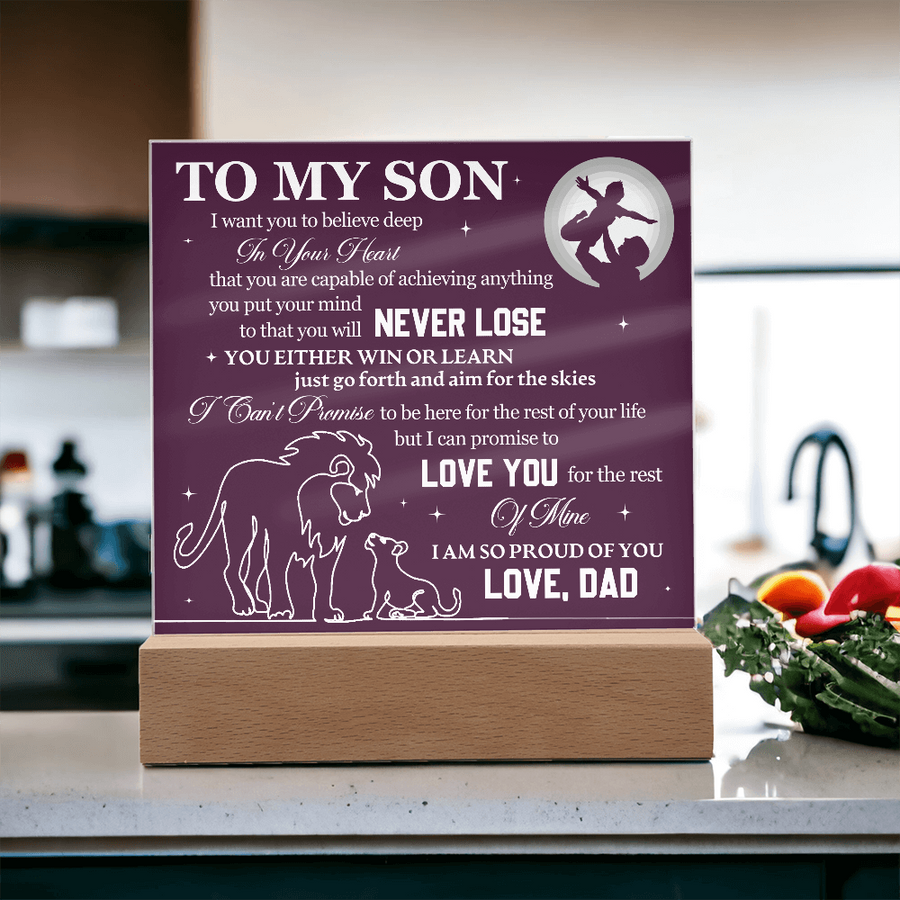 To My Son Printed Acrylic Plaque with LED Base – Birthday, Graduation, Holiday Gift