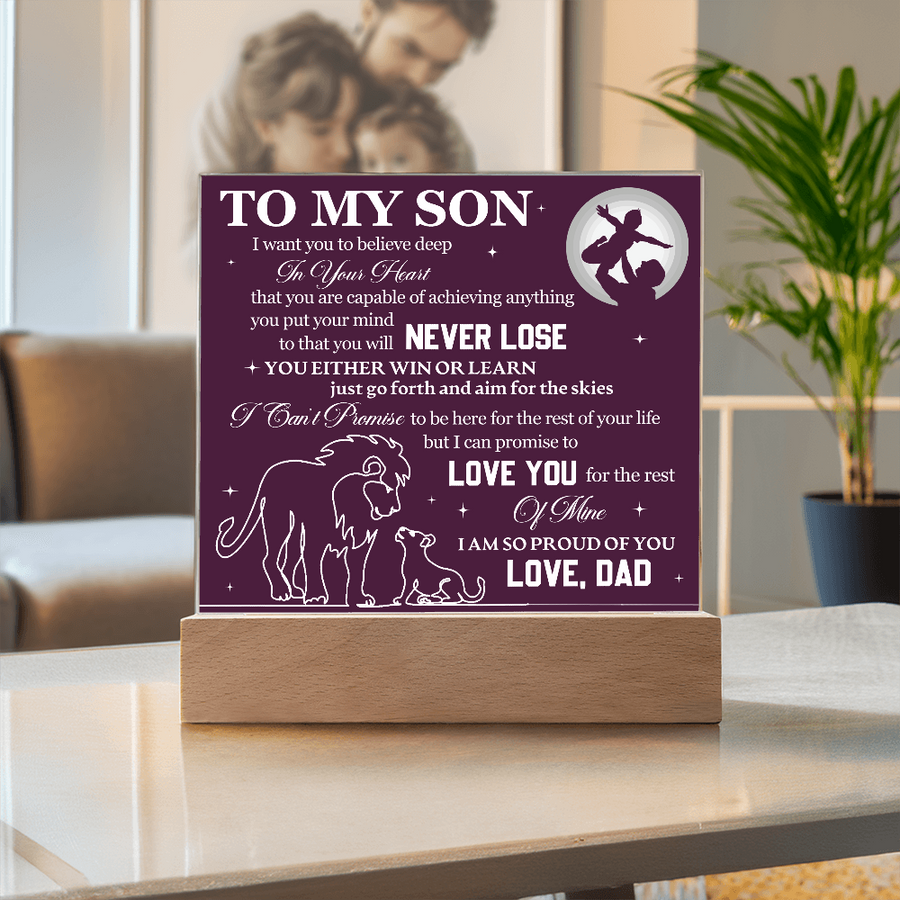 To My Son Printed Acrylic Plaque with LED Base – Birthday, Graduation, Holiday Gift