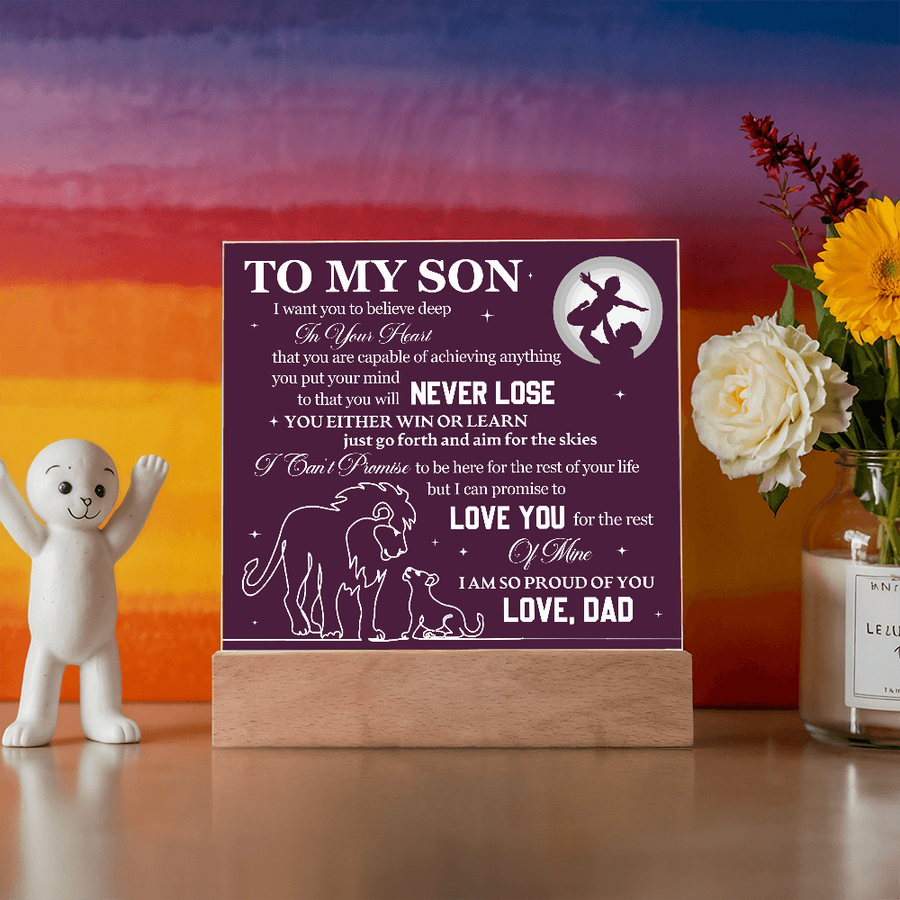 To My Son Printed Acrylic Plaque with LED Base – Birthday, Graduation, Holiday Gift