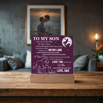 Load image into Gallery viewer, To My Son Printed Acrylic Plaque with LED Base – Birthday, Graduation, Holiday Gift
