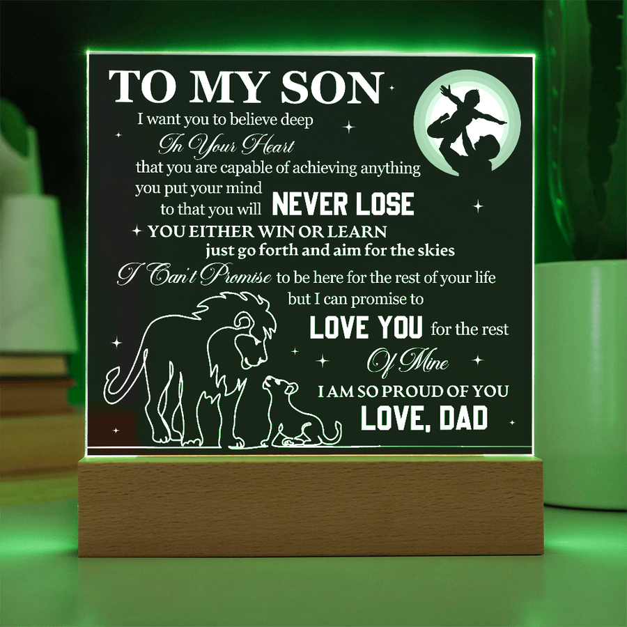 To My Son Printed Acrylic Plaque with LED Base – Birthday, Graduation, Holiday Gift