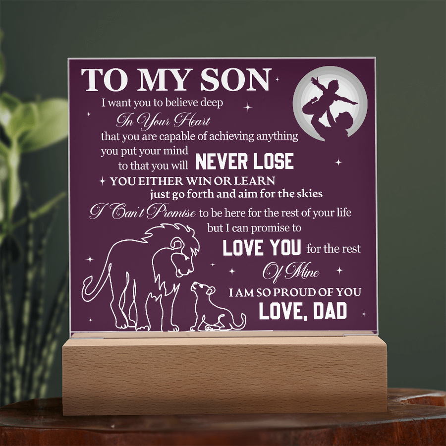 To My Son Printed Acrylic Plaque with LED Base – Birthday, Graduation, Holiday Gift