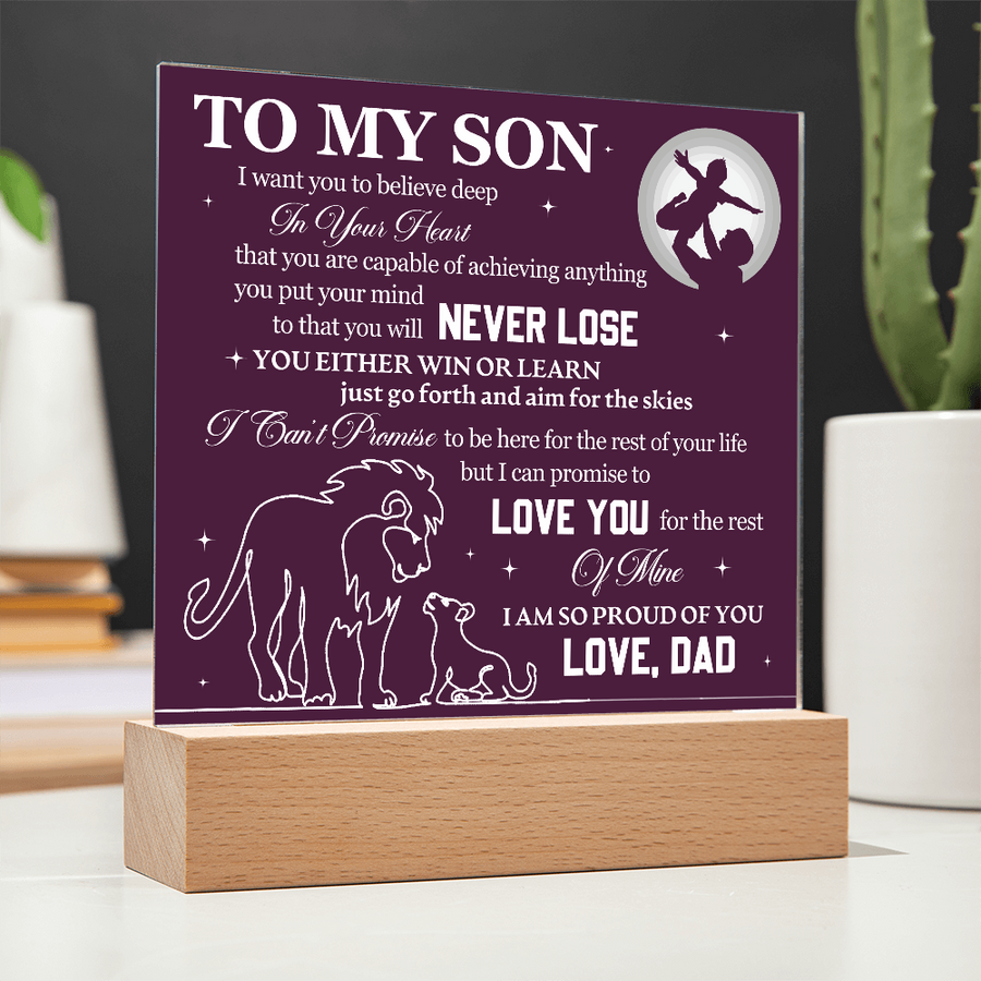 To My Son Printed Acrylic Plaque with LED Base – Birthday, Graduation, Holiday Gift
