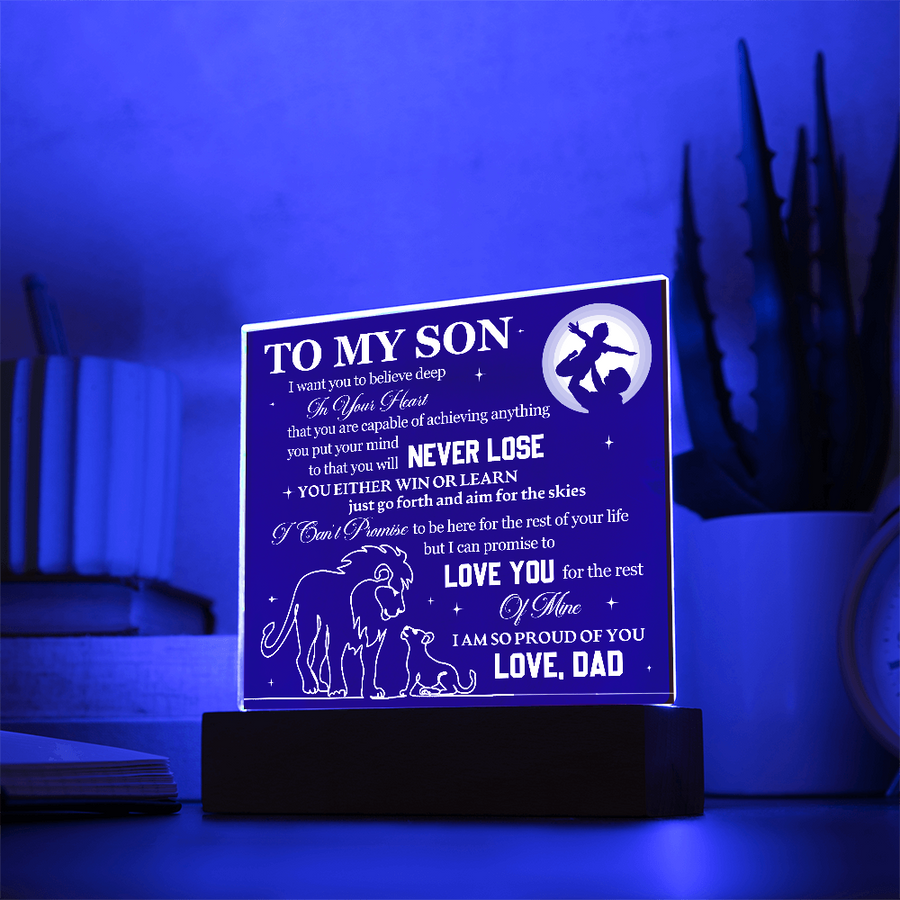 To My Son Printed Acrylic Plaque with LED Base – Birthday, Graduation, Holiday Gift