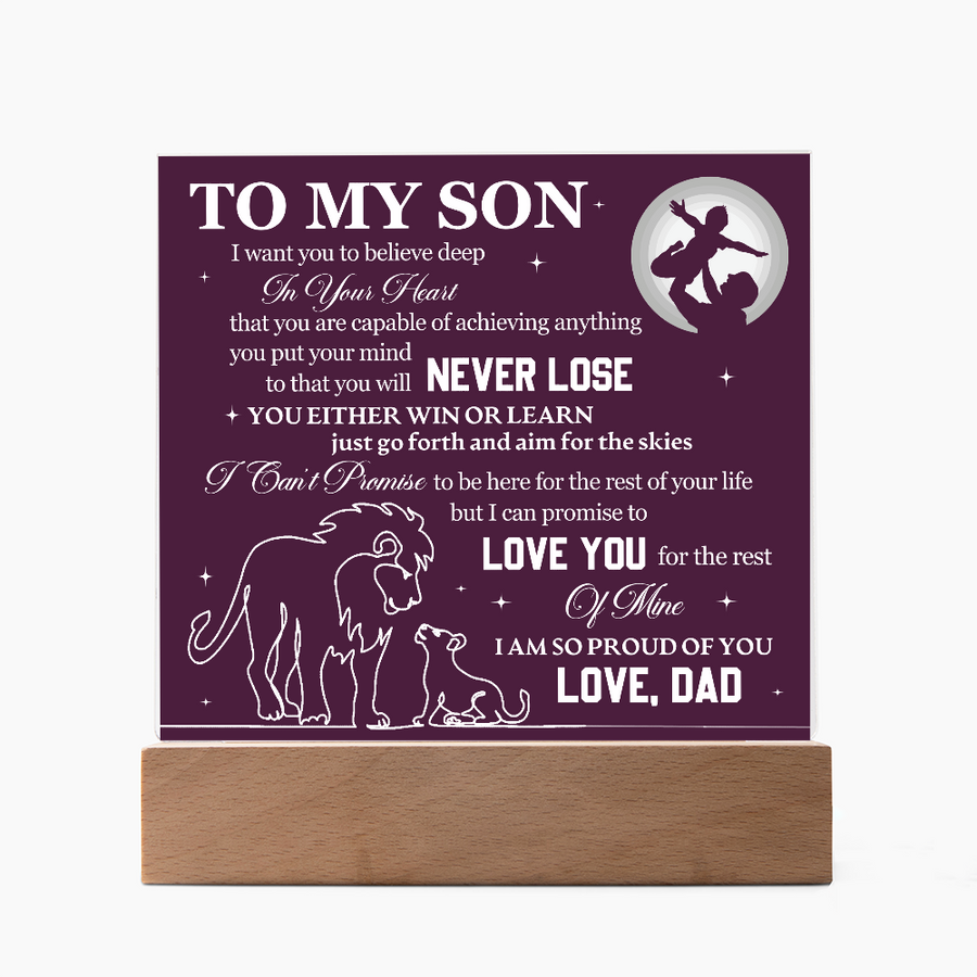 To My Son Printed Acrylic Plaque with LED Base – Birthday, Graduation, Holiday Gift