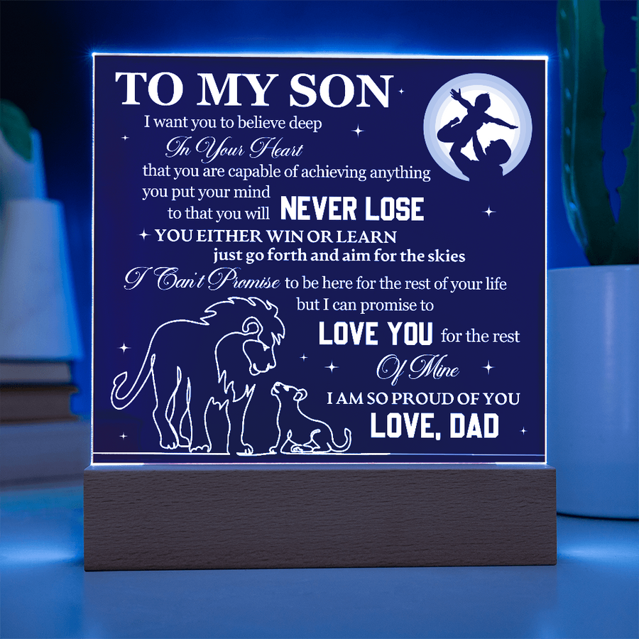 To My Son Printed Acrylic Plaque with LED Base – Birthday, Graduation, Holiday Gift