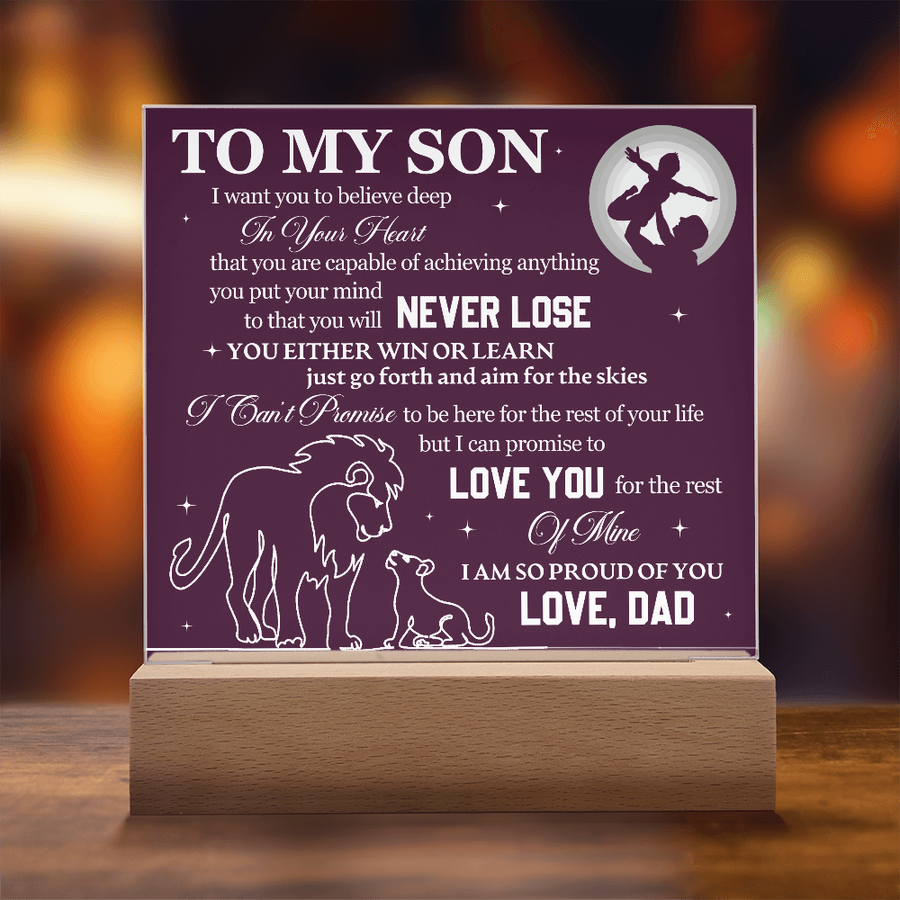 To My Son Printed Acrylic Plaque with LED Base – Birthday, Graduation, Holiday Gift