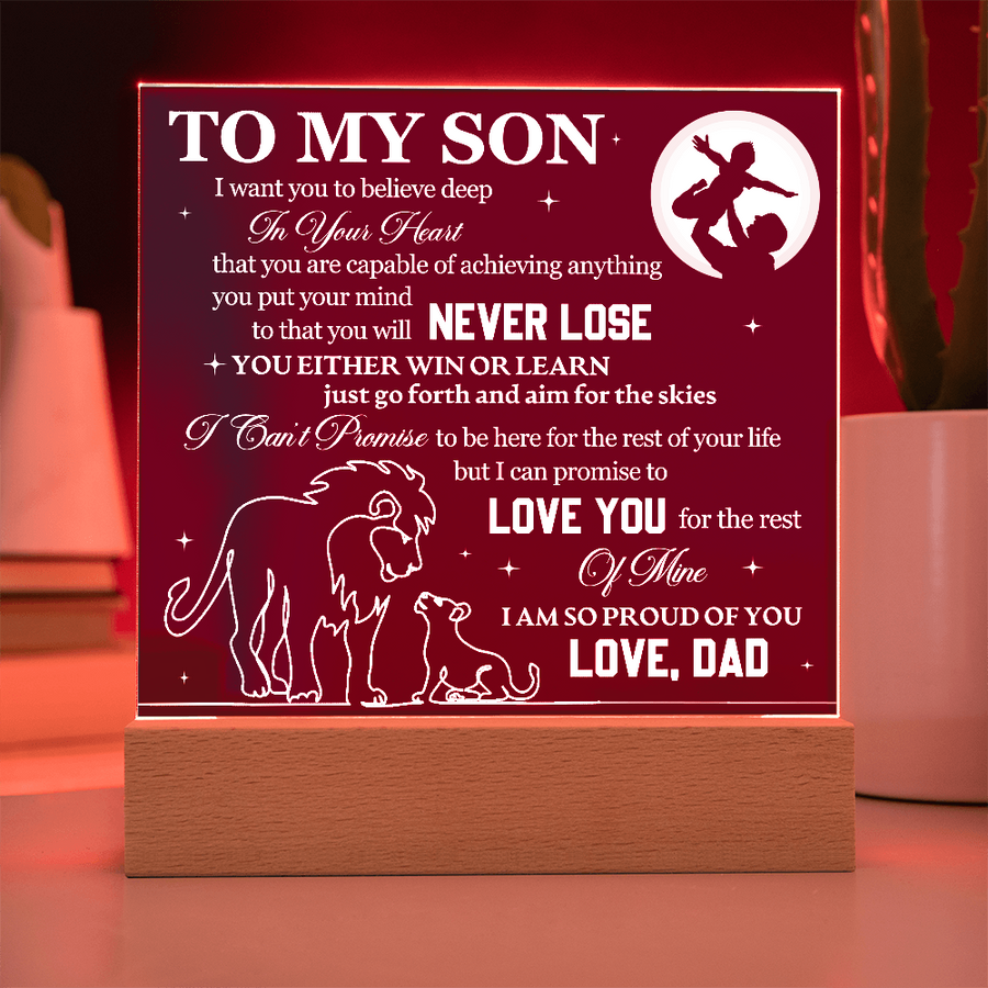 To My Son Printed Acrylic Plaque with LED Base – Birthday, Graduation, Holiday Gift