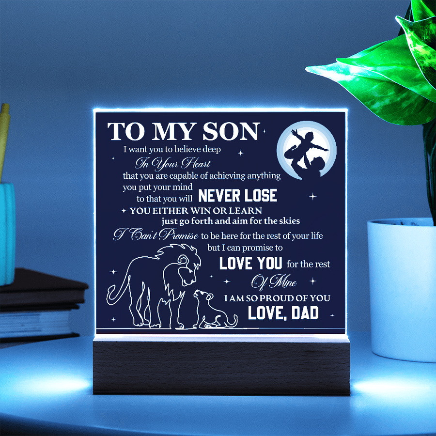 To My Son Printed Acrylic Plaque with LED Base – Birthday, Graduation, Holiday Gift