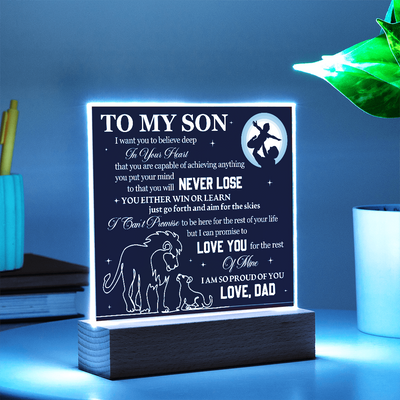 Load image into Gallery viewer, To My Son Printed Acrylic Plaque with LED Base – Birthday, Graduation, Holiday Gift
