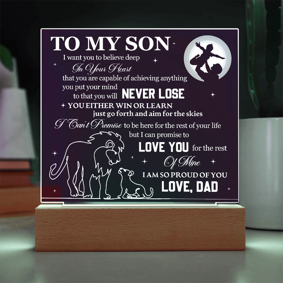 To My Son Printed Acrylic Plaque with LED Base – Birthday, Graduation, Holiday Gift