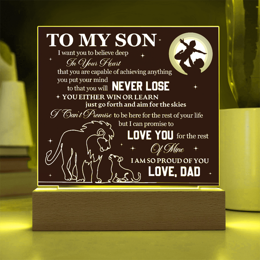 To My Son Printed Acrylic Plaque with LED Base – Birthday, Graduation, Holiday Gift