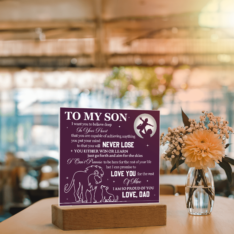To My Son Printed Acrylic Plaque with LED Base – Birthday, Graduation, Holiday Gift