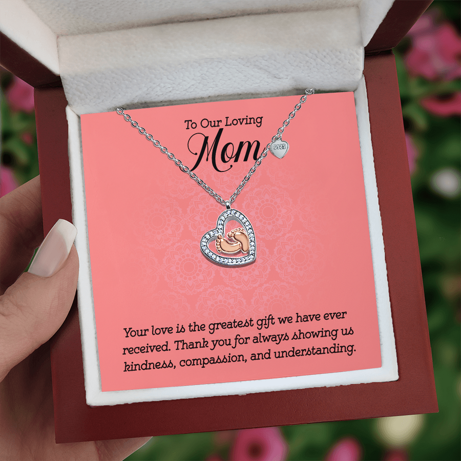 To Our Loving Mom Baby Feet Heart Necklace – Gift for Mother's Day, Birthday, or New Mom