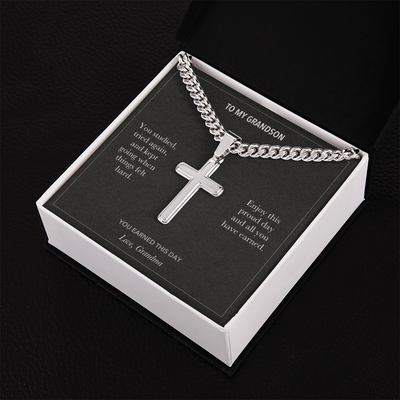 Load image into Gallery viewer, To My Grandson, You Earned This Graduation - Personalized Cross Cuban Link Chain Gift
