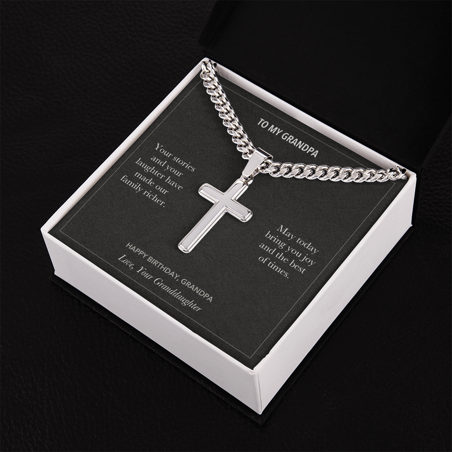 To My Grandpa, Stories And Laughter Birthday - Personalized Cross Cuban Link Chain Gift