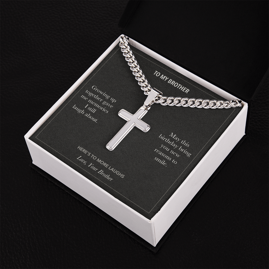 To My Brother, More Laughs Birthday - Personalized Cross Cuban Link Chain Gift