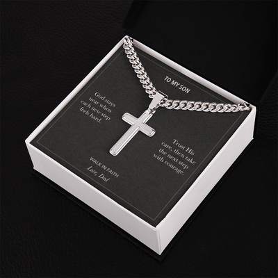 Load image into Gallery viewer, To My Son, Walk In Faith Encouragement - Personalized Cross Cuban Link Chain Gift
