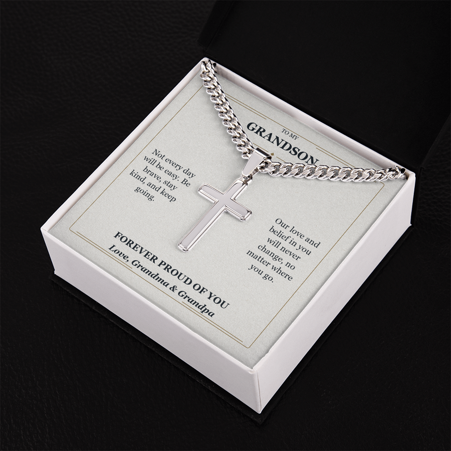 To My Grandson Cuban Link Cross Necklace from Grandparents | Forever Proud