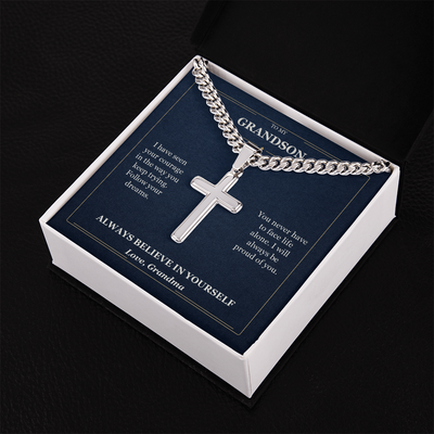 Load image into Gallery viewer, To My Grandson Cuban Link Cross Necklace from Grandma | Believe in Yourself
