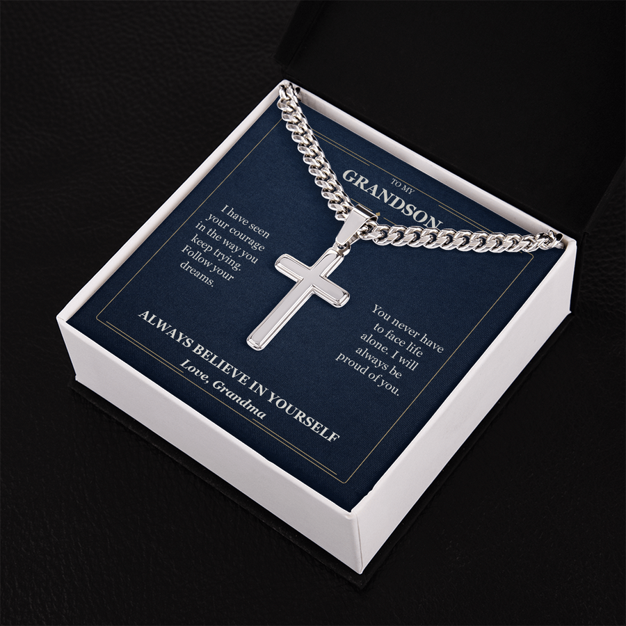 To My Grandson Cuban Link Cross Necklace from Grandma | Believe in Yourself